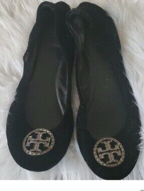 Tory Burch Black Velvet Ballet Flats with Silver Logo Medallion